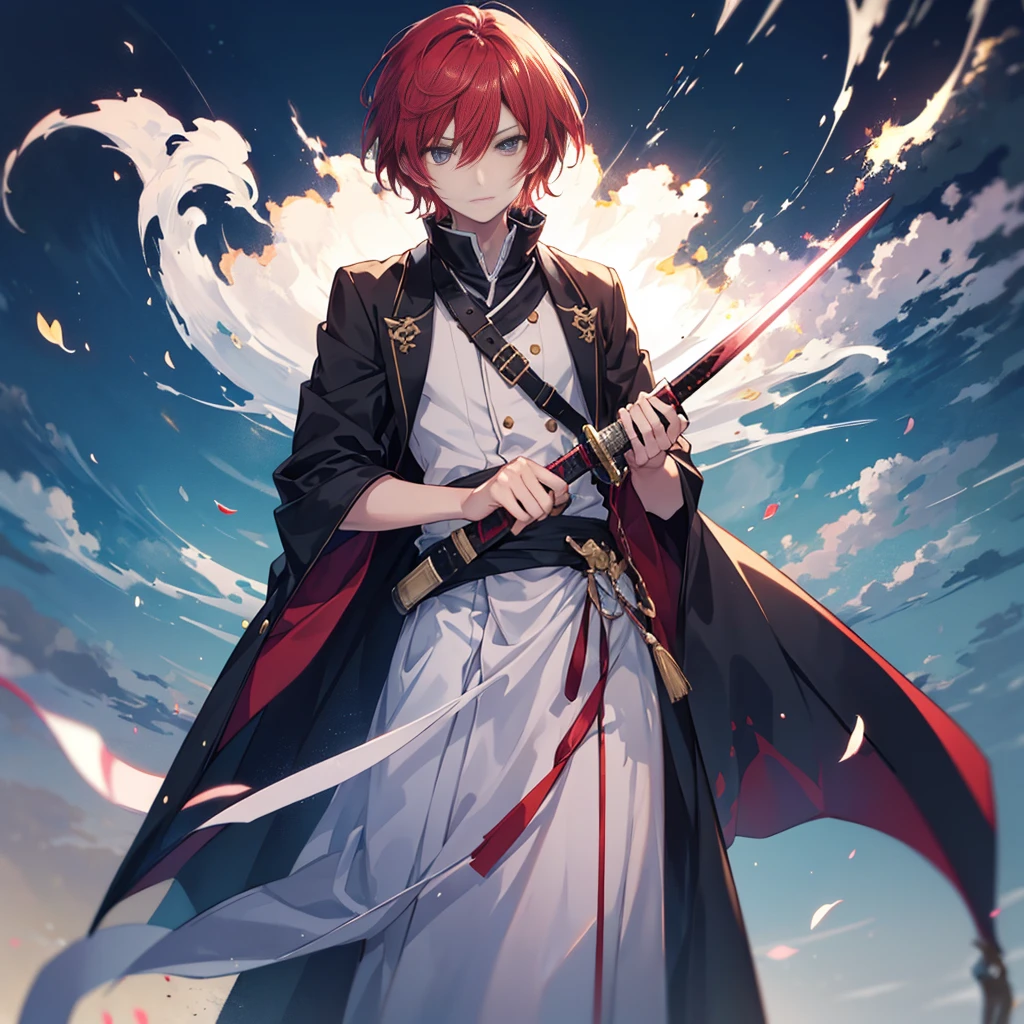 male, 180cm tall, androgynous beauty, sharp golden eyes, short messy flame-red hair, medium build, ethereal appearance, wearing a disheveled black dress shirt with rolled-up sleeves, black skinny pants, holding a katana, sword master, twilight sky background, reflective water surface, detailed anime style illustration, intense expression with slight smile, hidden power aura, fire and sparks swirling around the character