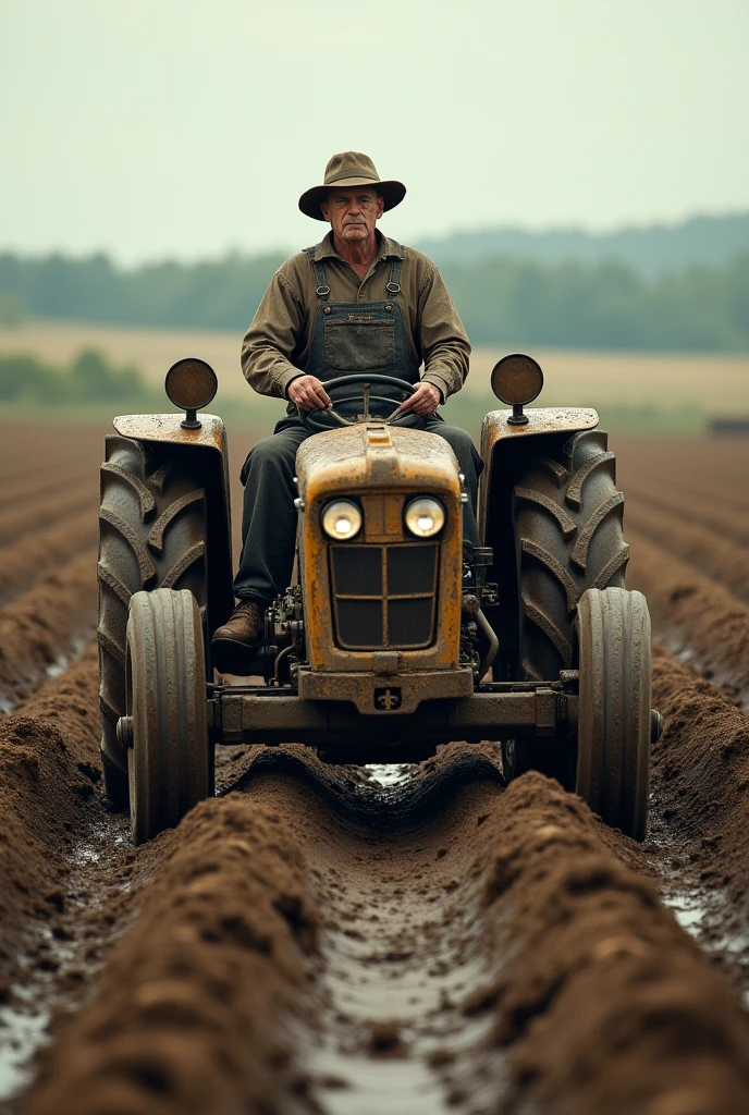 A tractor with a farmer in mud