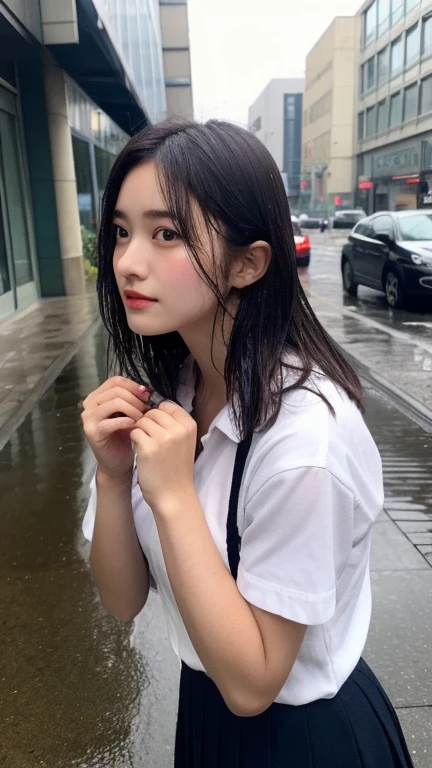 Realistic、In 8K、masterpiece、High resolution、High resolution、Anatomically correct、High resolution、Beauty、1 personの少女、Full Body Shot、Sexy:1.1、Dark brown hair:1.1、Beautiful breasts, Beautiful thighs, Beautiful feet, Beautiful fingers, View your viewers, Front view:1.4, 1 person, Japanese, high school girl, Perfect Face,、Short Bob Hair、(It rained and I got wet、Raindrops、Wet Hair、My body is soaked:1.2)、Crowded street、Delicate face、Small Head、Iris、Short sleeve uniform、White shirt、Red tie、dark blue short skirt