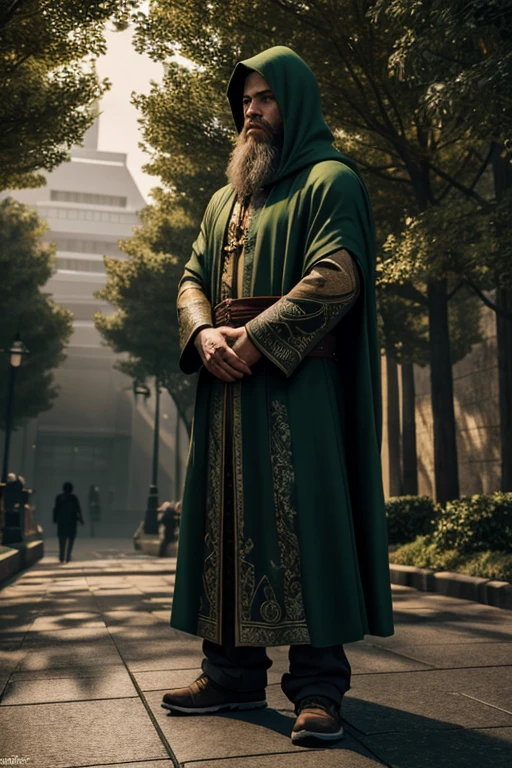 A long-bearded man with a short stature, wearing a long green hooded cloak, standing in the center of Tokyo, detailed facial features, realistic lighting, cinematic composition, dramatic atmosphere, hyper-detailed, 8k, photorealistic, masterpiece, chiaroscuro lighting, moody colors, cinematic framing, intricate details, dynamic pose, high quality, photorealistic, ultra-detailed, physically-based rendering, concept art style
