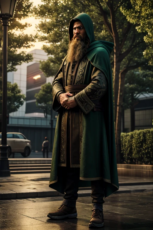 A long-bearded man with a short stature, wearing a long green hooded cloak, standing in the center of Tokyo, detailed facial features, realistic lighting, cinematic composition, dramatic atmosphere, hyper-detailed, 8k, photorealistic, masterpiece, chiaroscuro lighting, moody colors, cinematic framing, intricate details, dynamic pose, high quality, photorealistic, ultra-detailed, physically-based rendering, concept art style