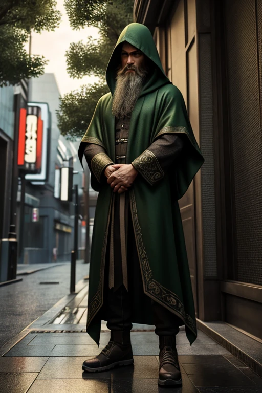 A long-bearded man with a short stature, wearing a long green hooded cloak, standing in the center of Tokyo, detailed facial features, realistic lighting, cinematic composition, dramatic atmosphere, hyper-detailed, 8k, photorealistic, masterpiece, chiaroscuro lighting, moody colors, cinematic framing, intricate details, dynamic pose, high quality, photorealistic, ultra-detailed, physically-based rendering, concept art style