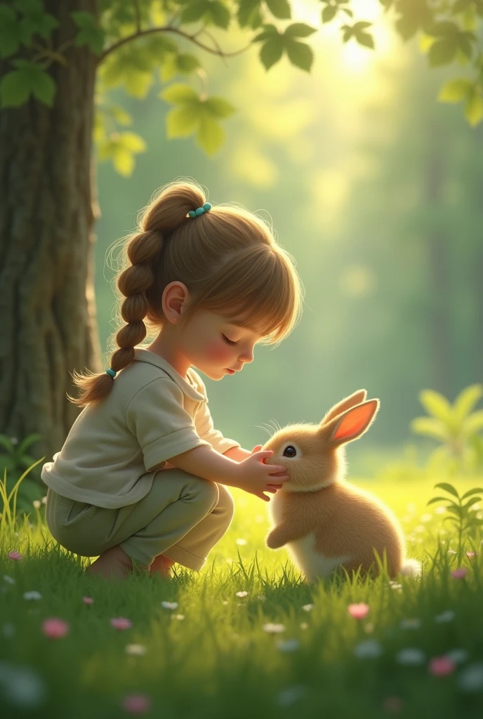 “In a serene forest clearing, small girl is gently setting Fluffy the rabbit down on the soft grass. The forest is peaceful, with sunlight filtering through the trees. Fluffy looks up at small girl, nuzzling her hand affectionately before hopping away. Small girl has a bittersweet expression, knowing she’s doing the right thing.”