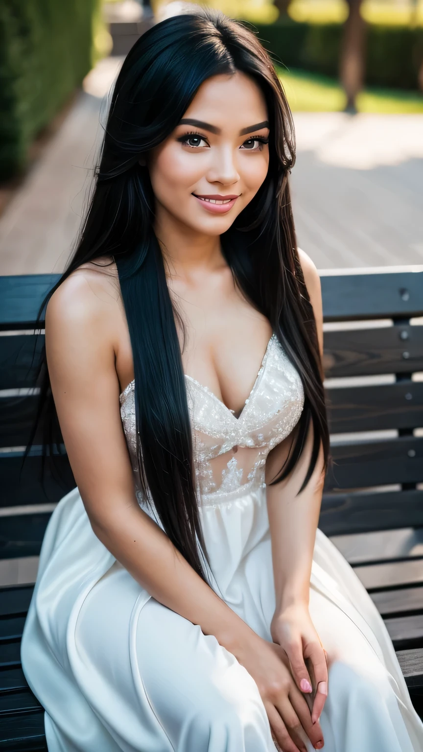 Realistic full body photo of a smiling Inuit with long black hair, She dances in front of the camera in a long A-line dress with straps made of shiny red satin, Park,glamour fotoshooting, Wedding celebration, perfect anatomy, perfect brown eyes. Perfect hands with 5 fingers on each hand, Matching girl, look into the camera, 1 Frau. (Eye make up:1.1), (highly detailed skin:1.1), spirit, analog style, keen focus, 8K UHD, dslr, good quality, Fujifilm XT3, Grain, Award-winning, masterpiece. Wedding celebration. She sits on a bench and shows her beautiful dress. Beautiful shoes