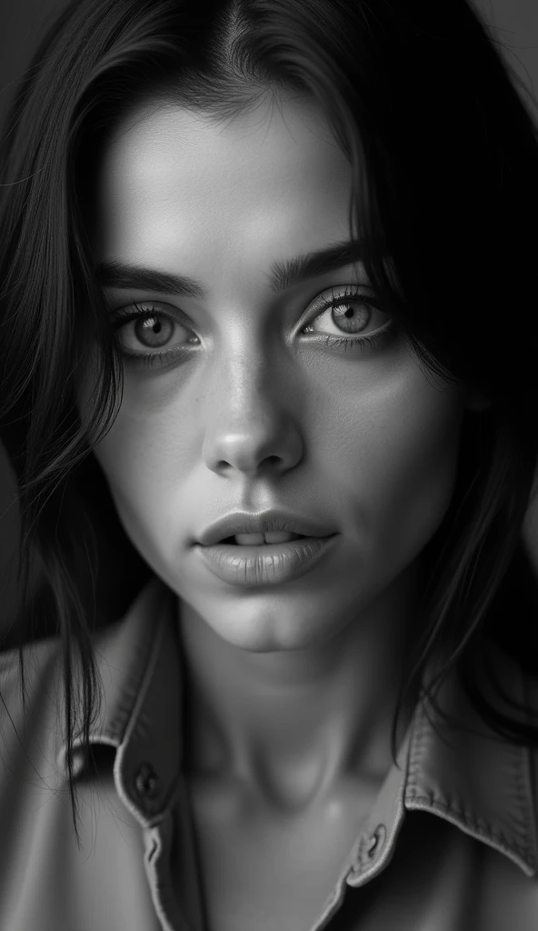 beautiful womans face looks straight in the camera, her skin is absolute clear and wonderful her hair black, black and white photography, hyper realistic, ultra detailed, award winning photography
