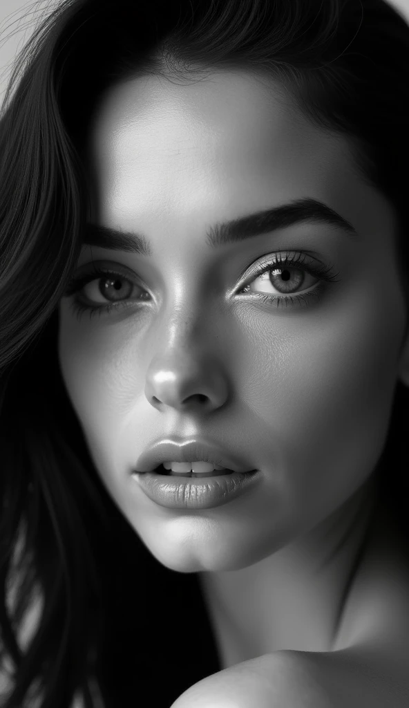 beautiful womans face looks straight in the camera, her skin is absolute clear and wonderful her hair black, black and white photography, hyper realistic, ultra detailed, award winning photography