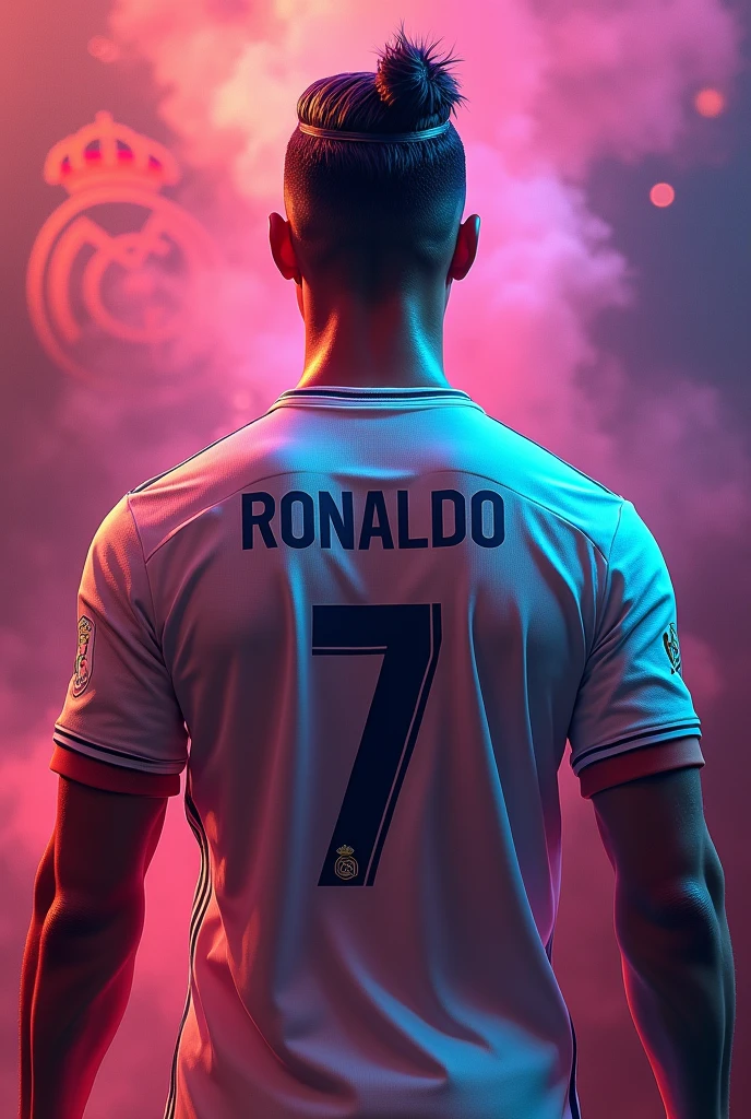 Make a ronaldo photo from a back side with the colour full back ground with real madrid logo and give a better look also give a shirt no 7 on his shirt with a name of MAD.AXP