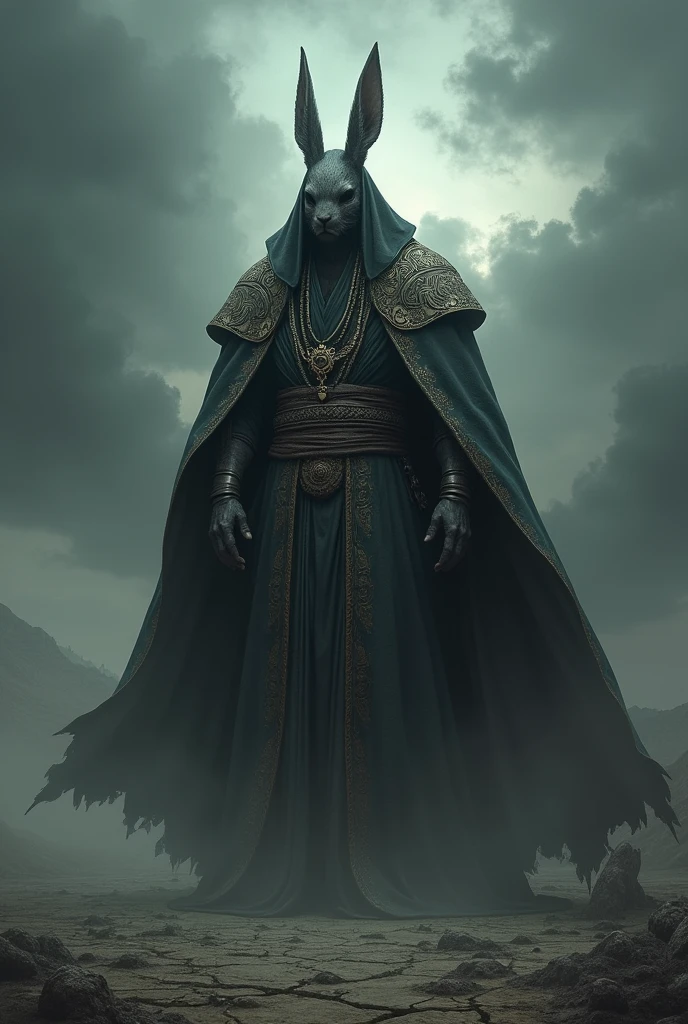 Rabbitfolk God Emperor Doom with a hood covering his face but not his ears