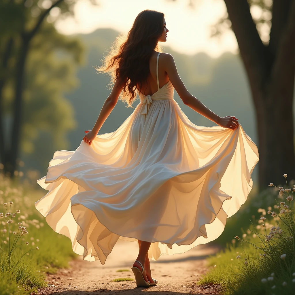 A woman with a perfect 90-60-90 figure, gracefully twirling in a flowing dress. The fabric of the dress billows around her as she moves, accentuating her hourglass shape. Her hair is long and shiny, cascading down her back. The setting is a scenic outdoor location, with soft sunlight filtering through the trees
