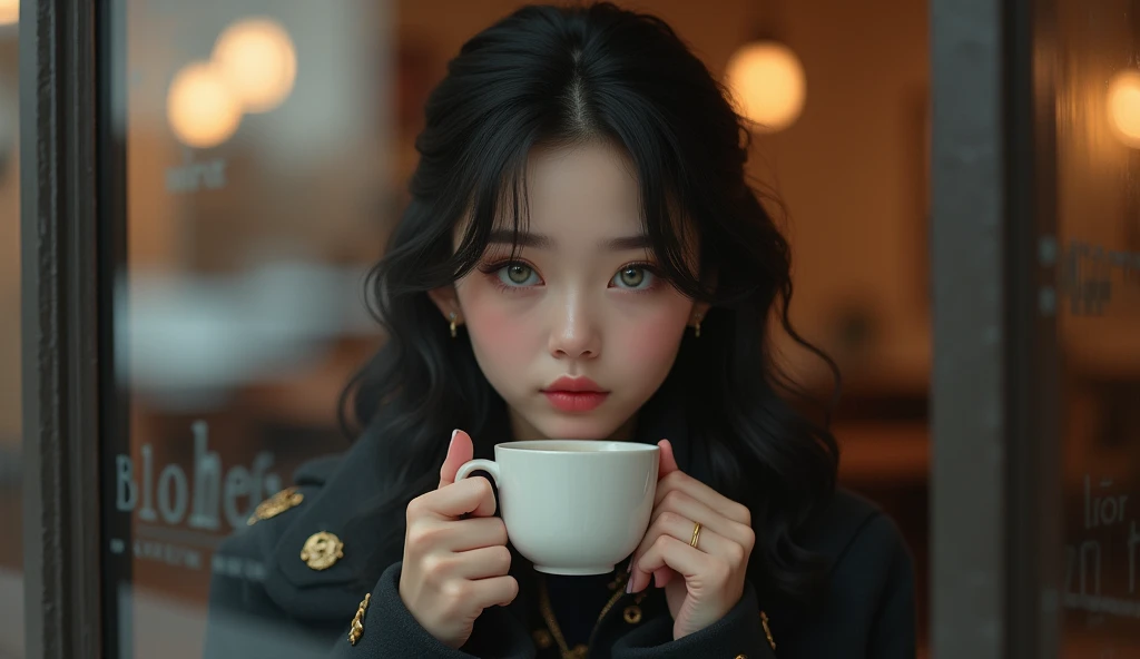 Portrait of a young woman drinking coffee in a café, seen through the window. The woman has an ethereal appearance, with fair skin, large greenish-grey eyes, and soft pink full lips. Her black, slightly wavy hair softly frames her face. She is wearing a dark coat with golden details and a golden brooch on the front. The scene focuses on a close-up of her face, reflecting serenity and mystery as she holds a cup of coffee with both hands. Through the café window, the name "BLOHER" is subtly frosted, elegantly blending into the image without overshadowing it. The glass allows a clear view of the warm and cozy interior of the café, while the woman's gaze conveys a deep calm.