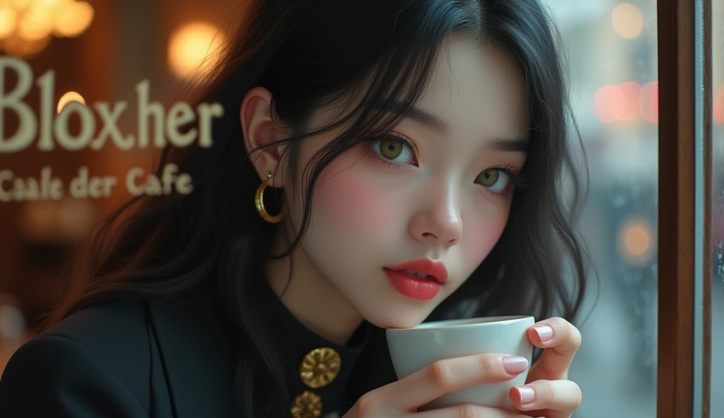 Portrait of a young woman drinking coffee in a café, seen through the window. The woman has an ethereal appearance, with fair skin, large greenish-grey eyes, and soft pink full lips. Her black, slightly wavy hair softly frames her face. She is wearing a dark coat with golden details and a golden brooch on the front. The scene focuses on a close-up of her face, reflecting serenity and mystery as she holds a cup of coffee with both hands. Through the café window, the name "BLOHER" is subtly frosted, elegantly blending into the image without overshadowing it. The glass allows a clear view of the warm and cozy interior of the café, while the woman's gaze conveys a deep calm.