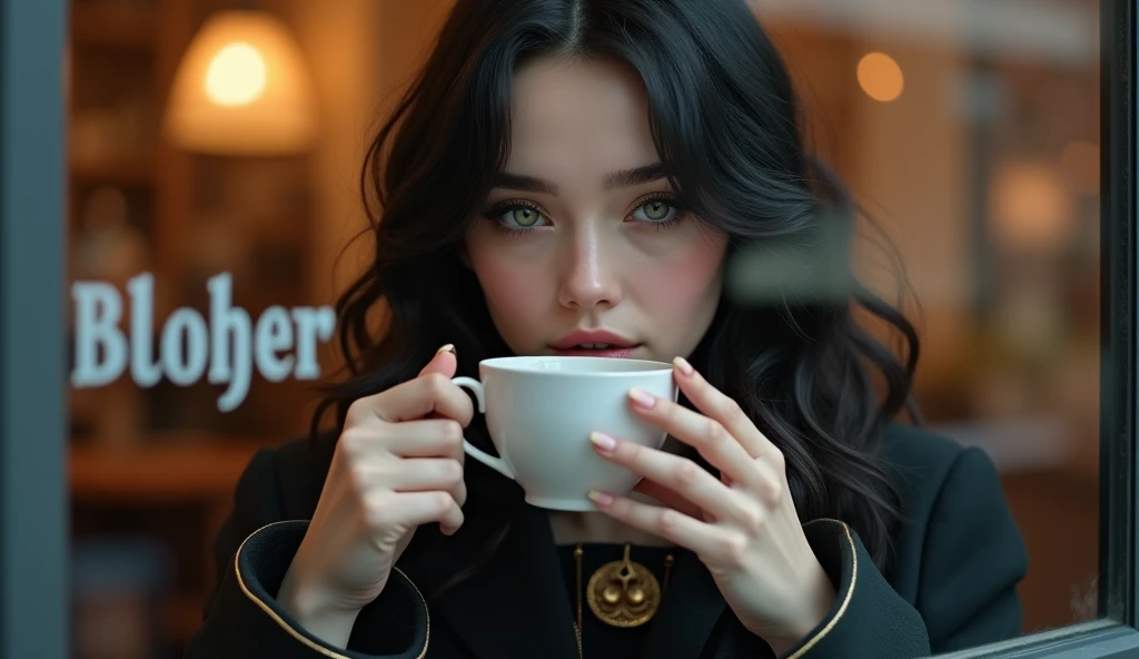 Portrait of a young woman drinking coffee in a café, seen through the window. The woman has an ethereal appearance, with fair skin, large greenish-grey eyes, and soft pink full lips. Her black, slightly wavy hair softly frames her face. She is wearing a dark coat with golden details and a golden brooch on the front. The scene focuses on a close-up of her face, reflecting serenity and mystery as she holds a cup of coffee with both hands. Through the café window, the name "BLOHER" is subtly frosted, elegantly blending into the image without overshadowing it. The glass allows a clear view of the warm and cozy interior of the café, while the woman's gaze conveys a deep calm.
