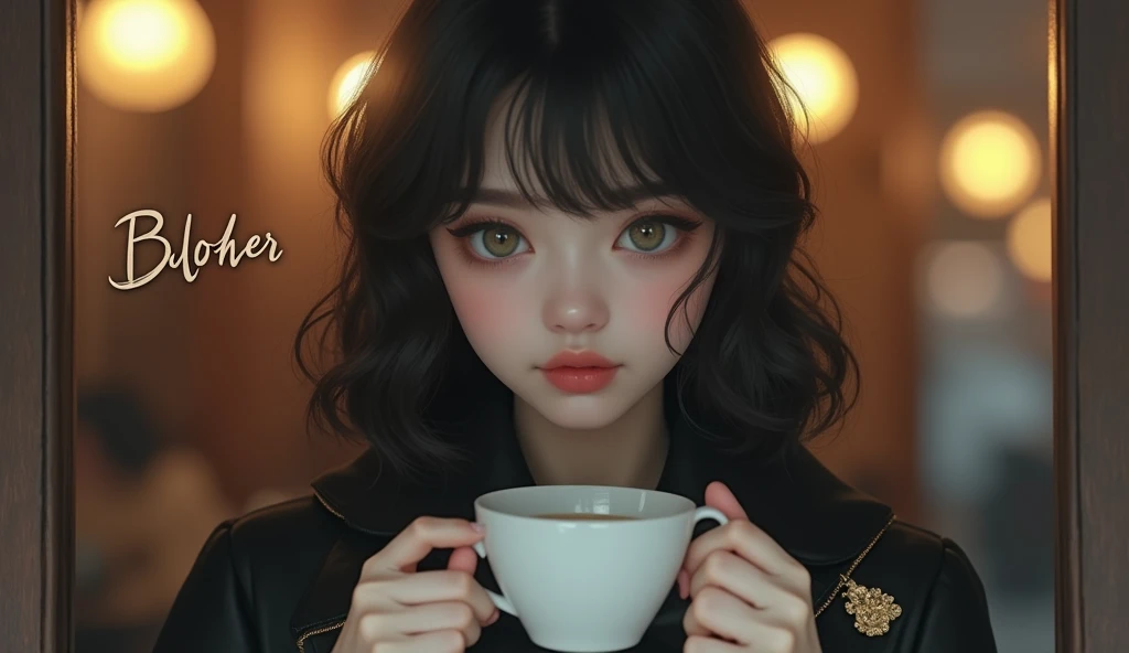 Portrait of a young woman drinking coffee in a café, seen through the window. The woman has an ethereal appearance, with fair skin, large greenish-grey eyes, and soft pink full lips. Her black, slightly wavy hair softly frames her face. She is wearing a dark coat with golden details and a golden brooch on the front. The scene focuses on a close-up of her face, reflecting serenity and mystery as she holds a cup of coffee with both hands. Through the café window, the name "BLOHER" is subtly frosted, elegantly blending into the image without overshadowing it. The glass allows a clear view of the warm and cozy interior of the café, while the woman's gaze conveys a deep calm.