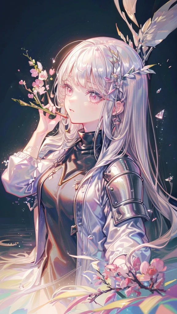a young girl in a floral field, (masterpiece:1.4), (best quality, 8k, ultra-detailed, photorealistic:1.37), expressive eyes, cute chibi face, 1 girl, alone, kawaii, perfect body, long platinum blonde hair, wavy long bangs, big pink eyes, pale skin, valkyrie-like armor, holding a long sword