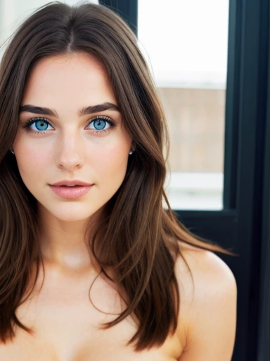 1 woman, (realist:1), Perfect eyes, Brown hair, by the wide, black eyes, happy, sexy pose, Whole body, model, Topless