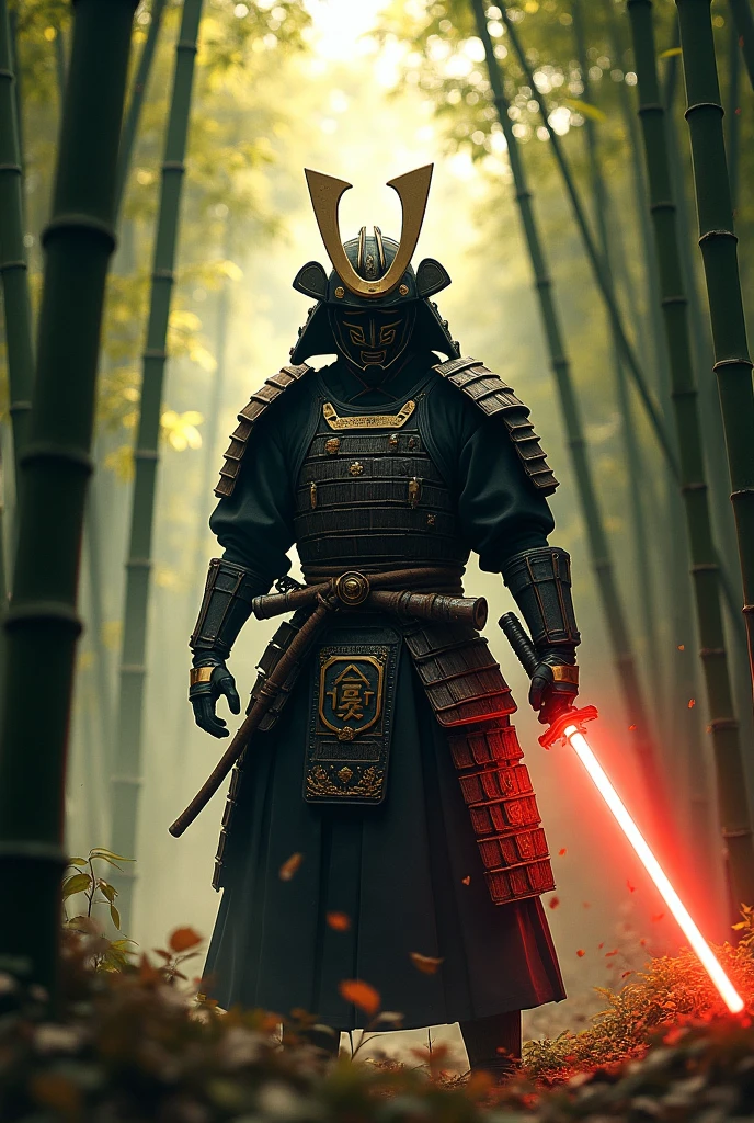 Samurai with lightsaber in bamboo forest