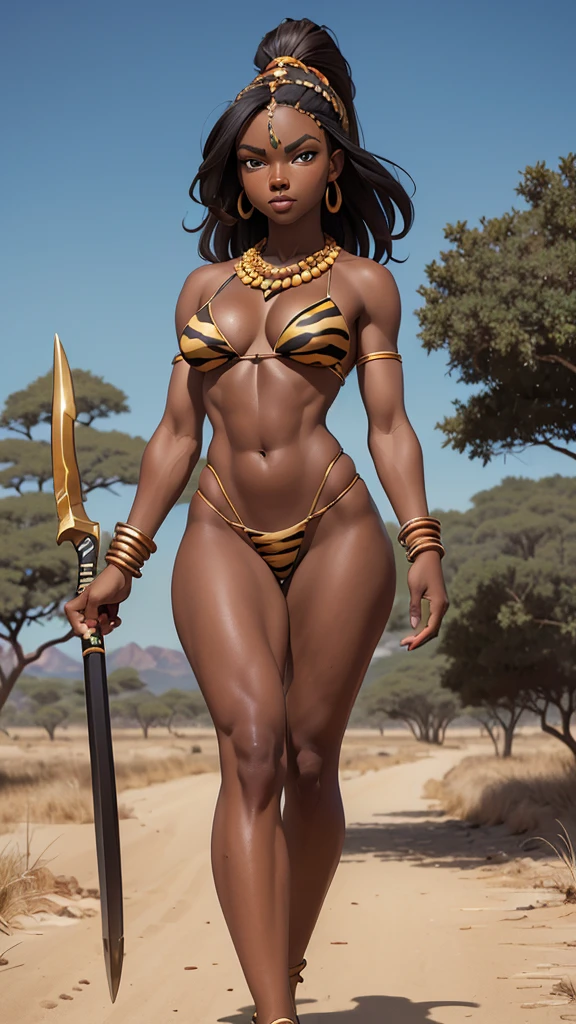 (((Simon Bisley))), (((Frank Frazetta))), ((((absurdists))), (((best quality))), (((masterpiece))), muscular 3 African woman, Zulu warrior of the middle ages, war paintings by body, perfect and proportional body, zebra camouflage, black-skinned savanna warrior wearing very few clothes and many necklaces and body adornments, shaved hair, GOLD tiny bikini made of African beads, holding a spear and walking through the savannah, dry vegetation, very hot, she is sweaty and her black skin glows under the scorching sun of Africa