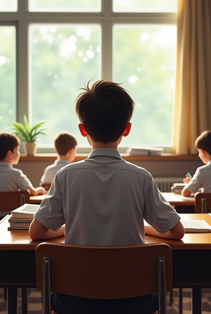 A student who is clean in the classroom with his back facing the man in the classroom.