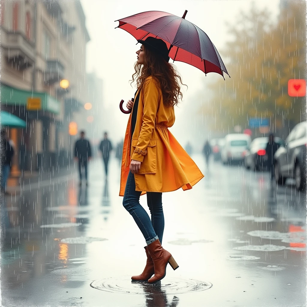 A captivating watercolor painting of a bohemian woman, elegantly standing in the soft rainfall. She is wearing a fashionable umbrella and a vibrant raincoat, with her hair gently flowing in the breeze. The wet pavement reflects the muted, misty colors of the scene, creating a serene atmosphere. Delicate raindrops fall around her, adding to the tranquil ambiance. The overall composition encapsulates the beauty of embracing nature's gentle touch, with the woman embodying grace and poise in the midst of the rain.