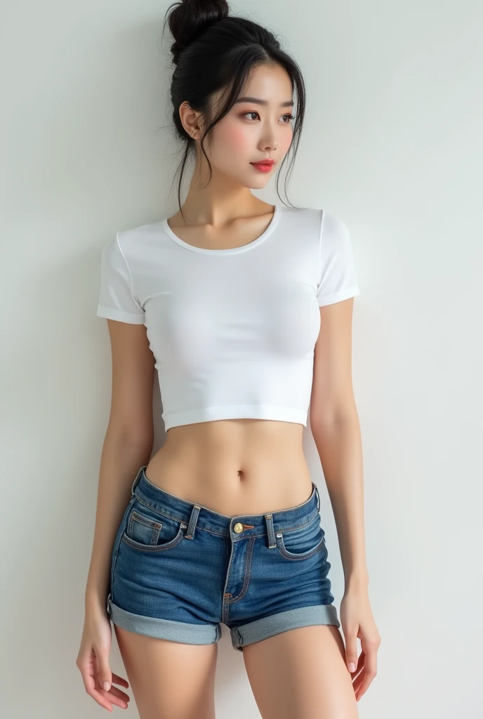 Create an image of a Chinese women that is 180 cm, size d breasts wearing a tight white t-shirt with belly showing and then short short blue jeans. Hair up in a bun