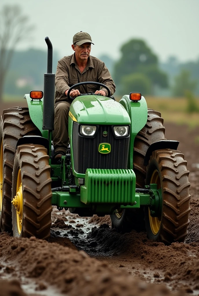 A john deera tractor with a farmer in mud
