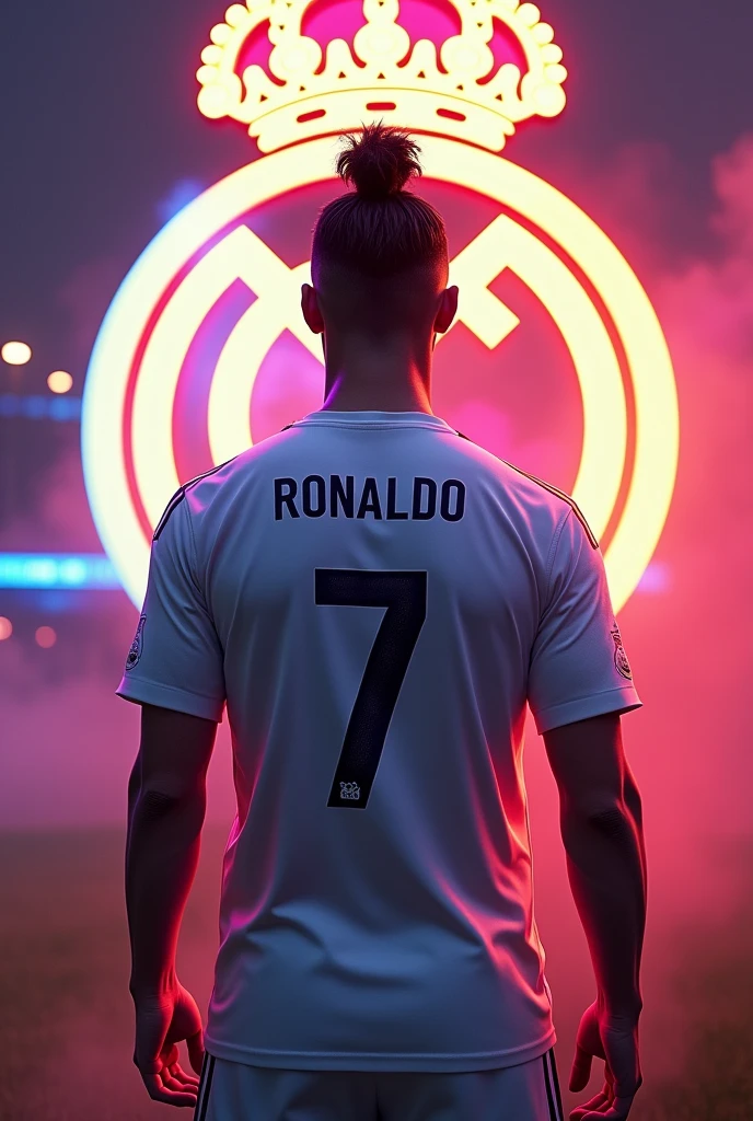 Make a ronaldo  photo from a back side  with the colour full back ground with real madrid logo and give a better look also give a shirt no 7 on his shirt with a name of MAD.AXP with the hair style of noodles