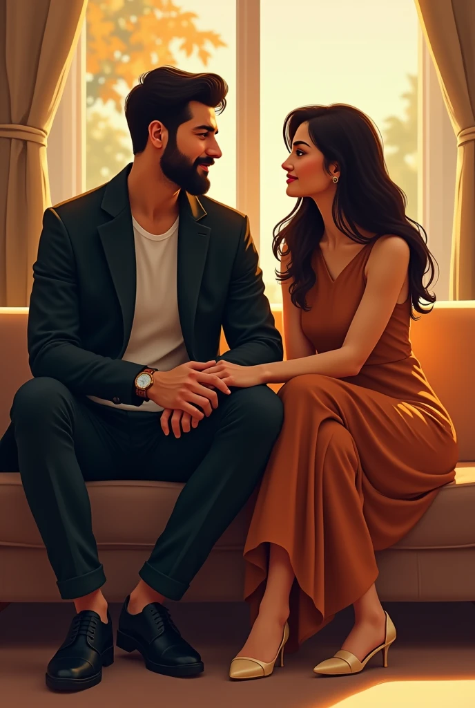 A man sitting on chair wearing black coat pant and black shoes brown watch having little beard and a beautiful healthy girl sitting with him both looking each other face boy name is rupkant and girl name is isha