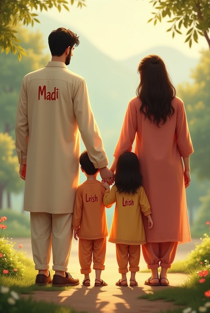Generate a beautiful scenery in which a guy and a girl have their backs and are holding their hands ghe guy and 2 kids are standing with them one a boy one a girl and all of them are wearing Shalwar kameez have Madi written on the back of the older guy And Leish written on bottom back of the woman