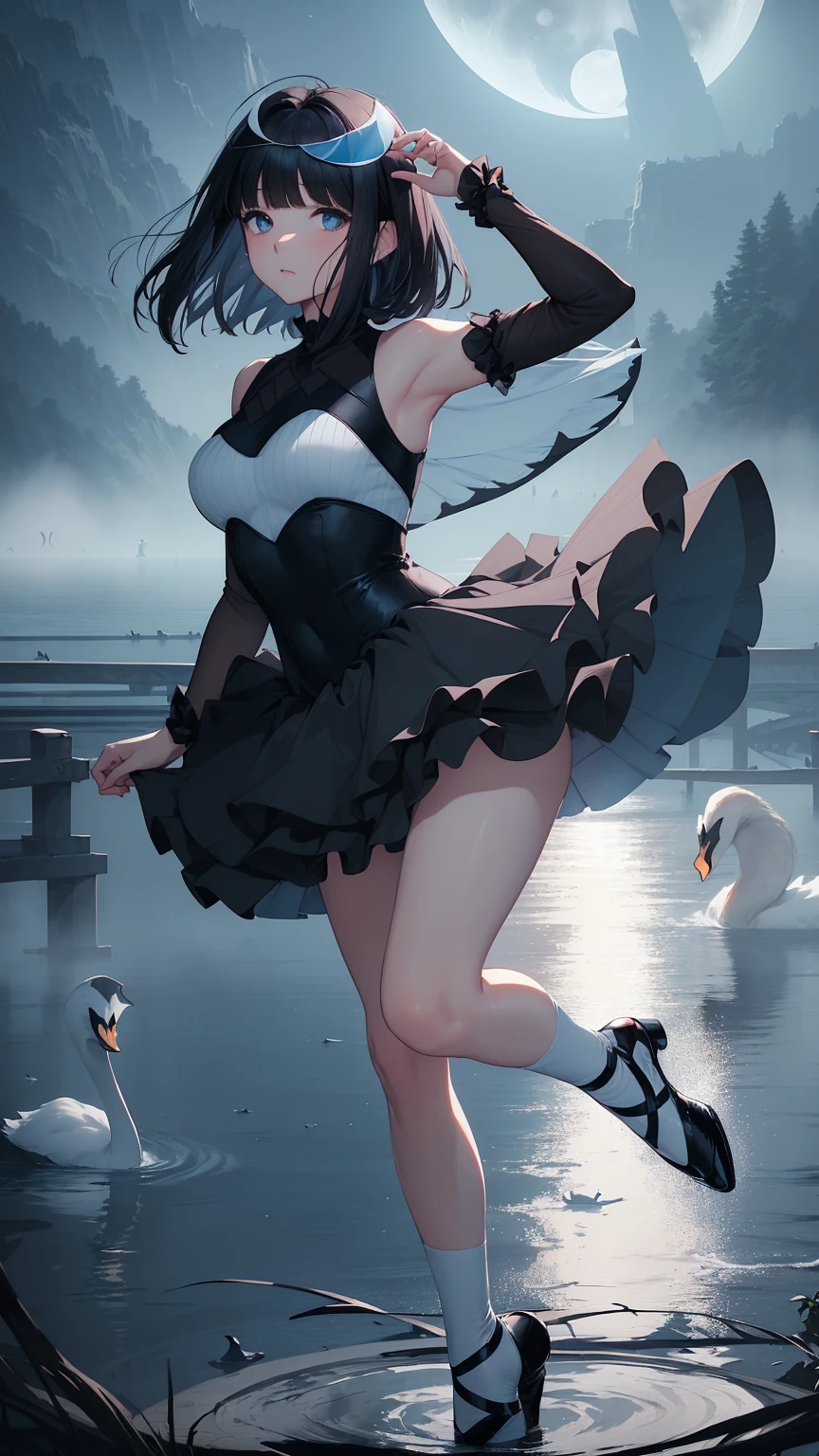 Highest quality, flying debris、Beautiful woman、Black Hair、(Dark blue eyes、Blunt bangs、Blunt bangs)、short hair,Full Body Shot、((Black and blue theme))、Big Breasts 、(Ballet Dancer、Tutu skirt:1.2)、(Brown Hair、Brown eyes)、Long Hair、Magazine Style,Full Body Shot、The lake of swan、break(White and light blue ballet dress:1.2)、break((The lake of swan:1.2))、((night、full moon、The fog is thick.:1.2)),((Standing on the surface of the water,Dancing in the middle of the lake:1.2))、BREAK((feathers scatter:1.2))BREAK((Screen is dark:1.2))、((Dark theme))