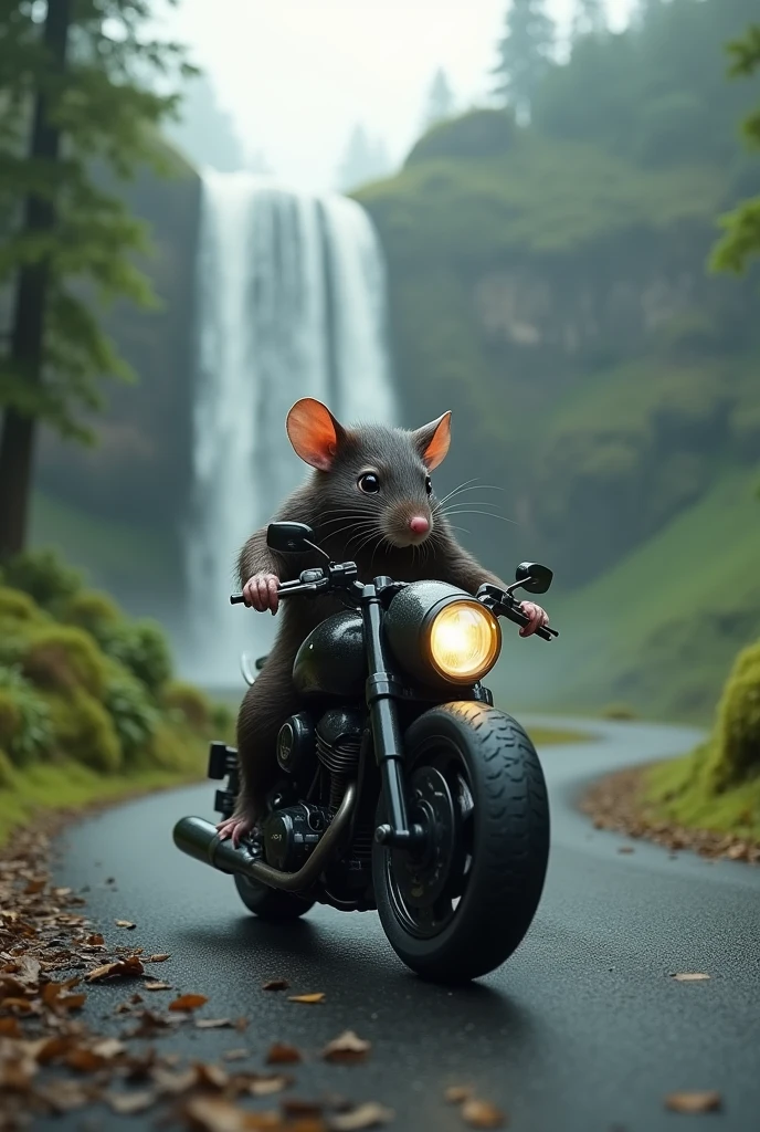 Rat in black bike with water falls