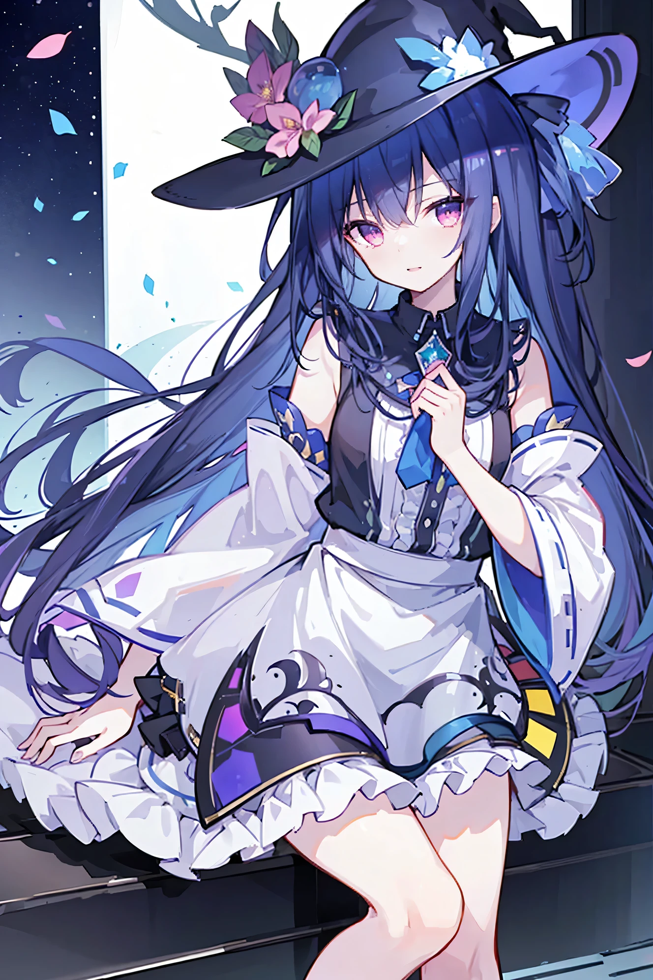 oung Girls,Humanity,A magician always smiles,big witch hat,cute,dark blue long hair,The eyes are dull,The bangs are heavy,Thin eyebrows,fantasy,intake,Double teeth,Star Theme,Constellation pattern,Solid color clothetal decoration,cloak,A bit of a dark atmosphere,A little crazy smile,When the big moon shines outside at night,blood,Hair black star embellishment,Short tie,No nails,High waist skirt,Bell sleeves,Long-sleeved shirt,Black tie,low risk,gentlemen。Mist、Yellow and white effect,Shocking pink as an accent color,(Masterpiece:1.2),Ultra-detailed,lifelike,The eyes are expressive,Fair skin,Perfect face shape,1 girl,Japanese Manga,Gorgeous blue hair,Flowing blue hair,Flowing clothes,Cat ears,Petals falling,Shy face,sitting on window,Place your hand on your lips,masterpiece, absurdres, novel cover, cover illustration, 1girl, solo, dark blue-haired ponytail, mage robes, flower background, clock background, monochrome, line drawing