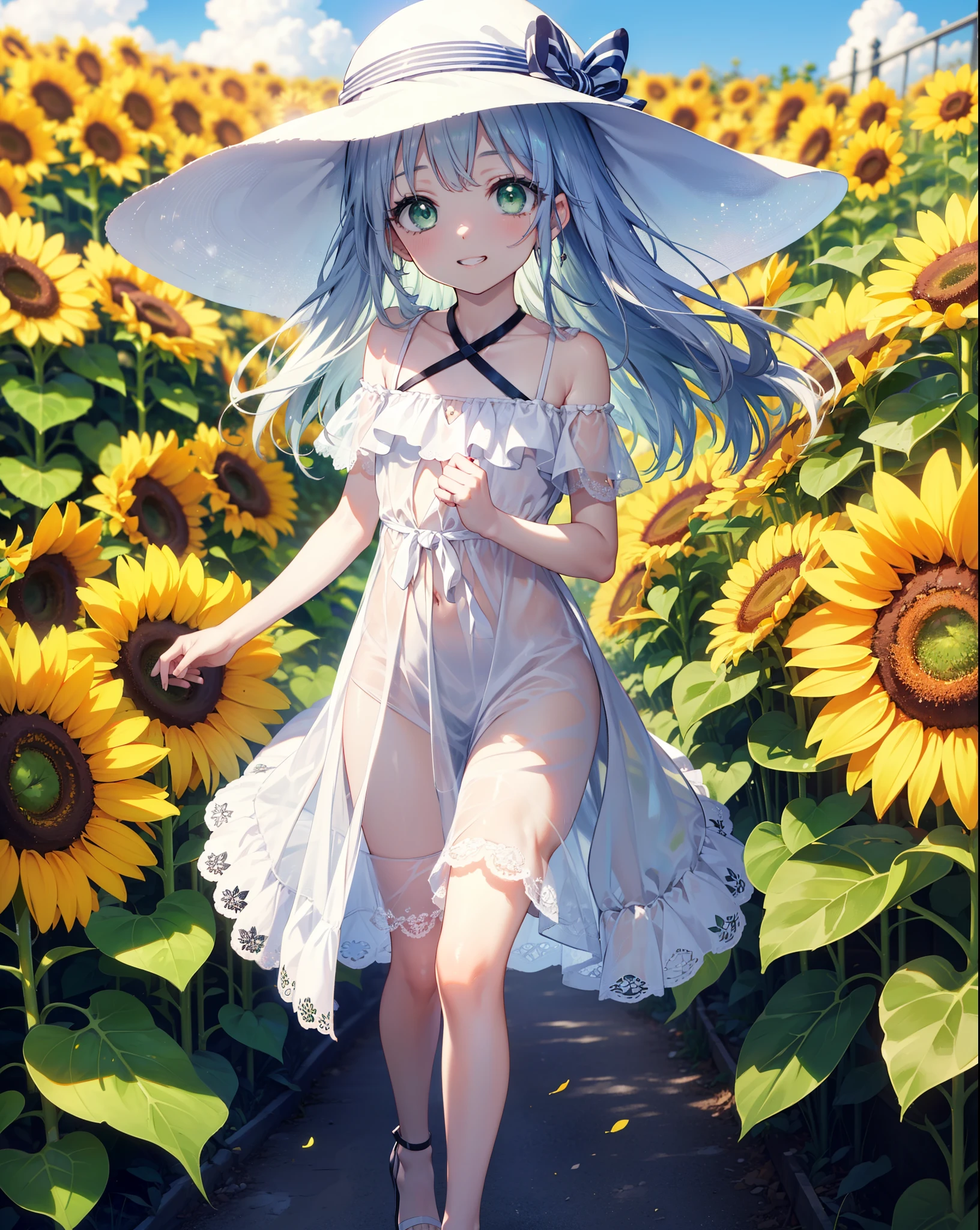 index, index, (Green Eyes:1.5), Silver Hair, Long Hair, (Flat Chest:1.2),smile,Grin,White hat,Off-the-shoulder dress,Short sleeve,Bare shoulders,bare clavicle,Bare neck,mini skirt,Cute heeled sandals,Are standing,True Summer,Clear skies,Daytime,whole bodyがイラストに入るように,
break looking at viewer, whole body,
break outdoors, Sunflower field,
break (masterpiece:1.2), Highest quality, High resolution, unity 8k wallpaper, (shape:0.8), (Fine and beautiful eyes:1.6), Highly detailed face, Perfect lighting, Highly detailed CG, (Perfect hands, Perfect Anatomy),