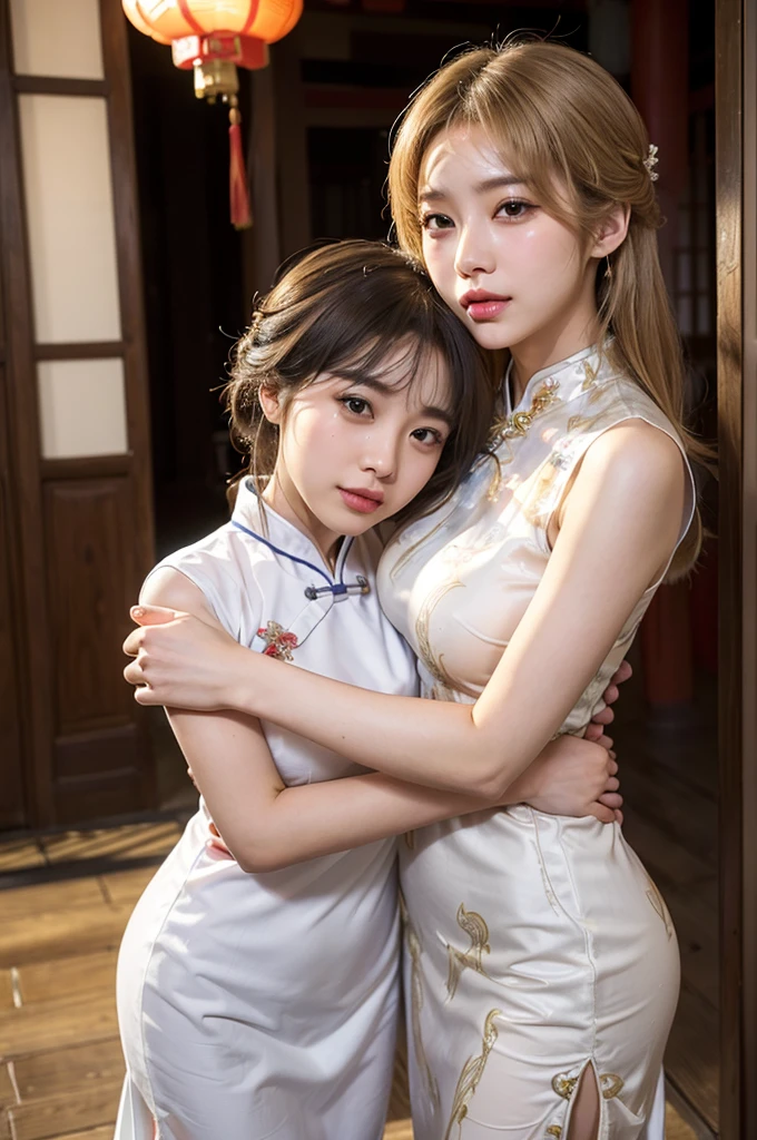 Absurdity, Best quality, masterpiece, ultra-high res, raw photo, (photorealistic), 8k, uhd, dslr, High Quality, High Resolution, extremely delicate and beautiful, Beautiful Lighting, Perfect Lightning, Realistic Shadows, bokeh, perfect anatomy, ideal ratio body proportions, realhands, BREAK ((Blank Background)),(((Two women wearing Chinese dresses))),(Two Korean KPOP idols, one of whom has short blonde hair.),(One of them is a gravure idol with the longest hair and voluptuous body in Japan..),(Face covered in semen:1.2),Backhug,Cheek to Cheek,((They both look at the viewer.)),Small areola,Please open your mouth wide,Squint your eyes,kiss,From above,(((The two of them stare defiantly))),The two are lovers,Beautiful eyes reflecting the light,Hair that reflects light and shines,photo shoot