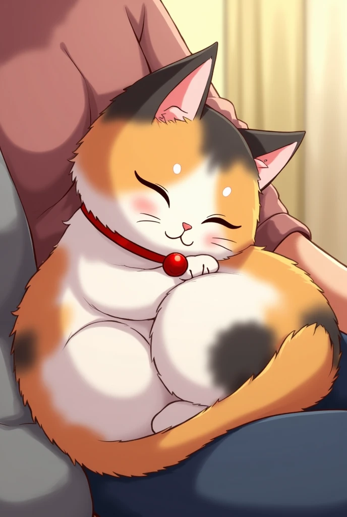 Anime Calico cat with red bell collar curled up with eyes closed in lap