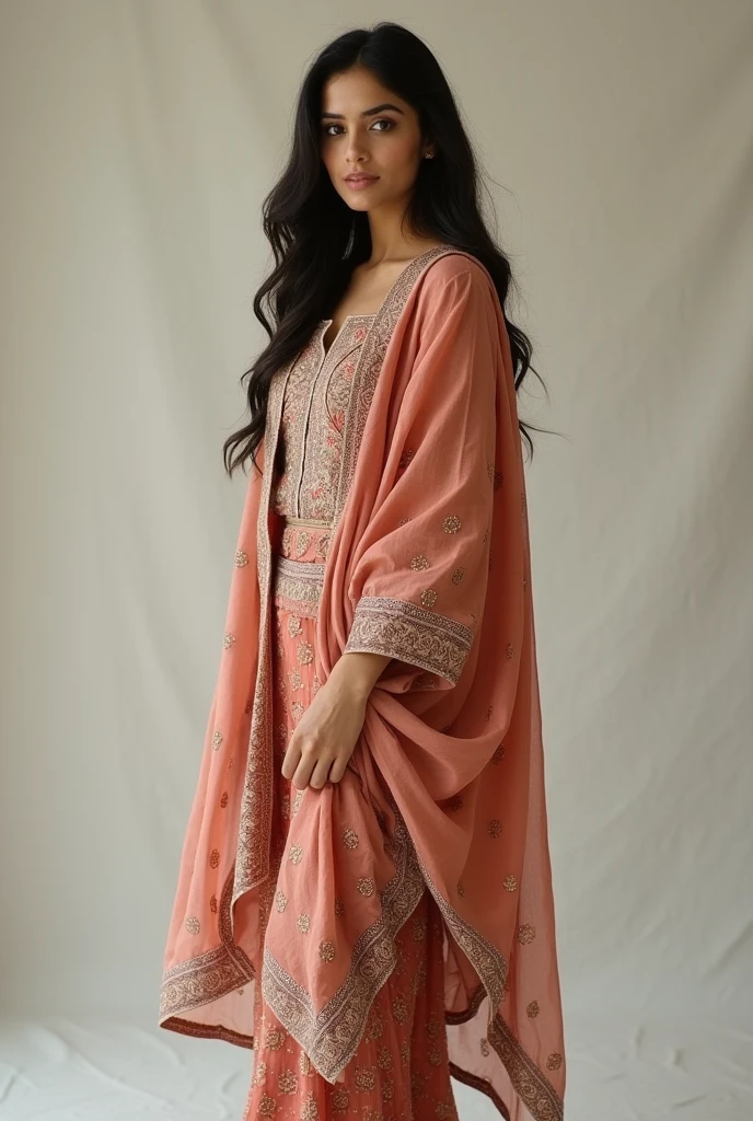 There a woman isma young beautiful Indian woman Wearing salwar kameez and dupatta, face features like Katrina Kaif, Standing looking into the camera, portrait causal photo.. Realism, Realism, Portrait 