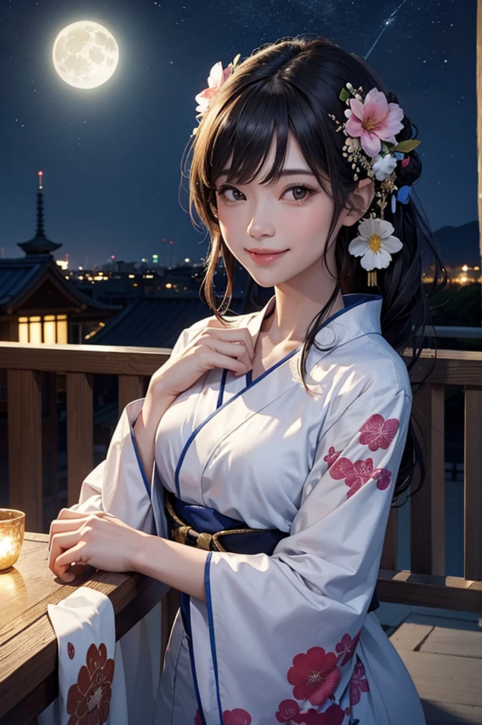 A bust-up of a smiling beautiful woman in a kimono cooling off on a balcony on a moonlit night