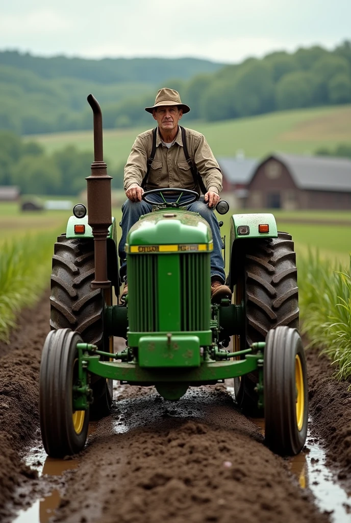 A john deera tractor with a rich farmer in mud
