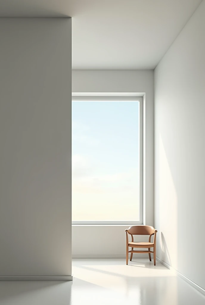 a wall with little dark left or right side and a window in the middle of the screen also outside of window just a sky. then a chair in the floor