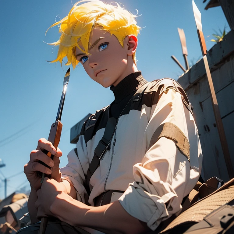 modern soldier is holding paintbrush, high resolution, max detail, 16k, yellow hair, blue eyes