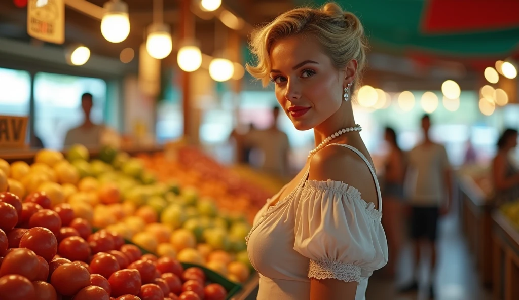NSFW, photorealist, beautiful face, (masterpiece:1.4), (Best Quality:1.4), extremely detailed, hyper-detailed, Soft lighting, 38 years, beautiful blonde pinup from the 50s, woman in her late thirties standing at a fruit stall in a market, dressed in a white sheer blouse open unbuttoned and a red skirt, covered breasts, white pearl necklace and white pearl earrings, lace stockings with suspenders, perfect body, busty, perfect legs, Intricate details, masterpiece, Best Quality, HD, 8k, ((bottom liso:1.3)), shaved pubic area, big breasts, hanging breasts, very sagging breasts, hard nipples, large and brown, Short blonde bun with a bow in the hair, shaved pubic area, (perfect_face), Intricate, 4k, detailed_bottom, full_body, realist, 8k, sexy, very cheeky smile, very challenging facial expression,pinup512, hands, hands-neg