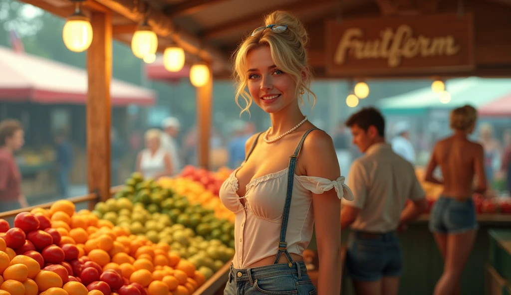 ????, photorealist, beautiful face, (masterpiece:1.4), (Best Quality:1.4), extremely detailed, hyper-detailed, Soft lighting, 38 years, beautiful blonde pinup from the 50s, woman in her late thirties standing at a fruit stall in a market, dressed in a white sheer blouse open unbuttoned and a red skirt, covered ???????, white pearl necklace and white pearl earrings, lace stockings with suspenders, perfect body, busty, perfect legs, Intricate details, masterpiece, Best Quality, HD, 8k, ((bottom liso:1.3)), shaved pubic area, ???????????, hanging ???????, very sagging ???????, hard ???????, large and brown, Short blonde bun with a bow in the hair, shaved pubic area, (perfect_face), Intricate, 4k, detailed_bottom, full_body, realist, 8k, ????, very cheeky smile, very challenging facial expression,pinup512, hands, hands-neg