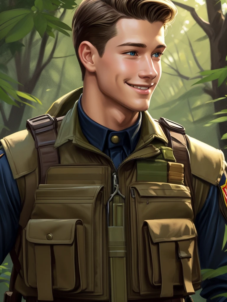 illustration in Leyendecker style; arafed male in a military uniform walking in the woods,model is wearing tactical vest,he is about 20 years old | short,he looks like tye sheridan,jakub gazmercik,aesthetics,pouches,discord moderator,voitv,distinct,teasing_smile,blonde hair,upper_body,portrait,close-up,