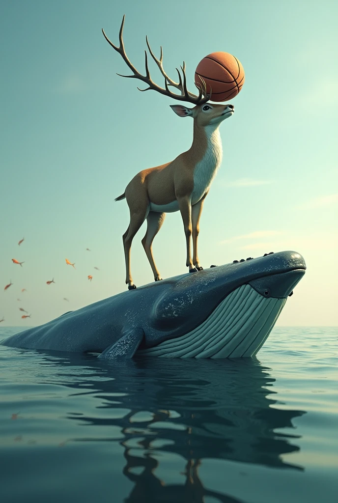A deer on a whale holding a basketball