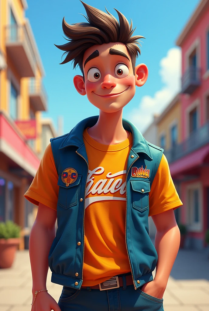 Cartoon character he wears a shirt his shirt front written name booms