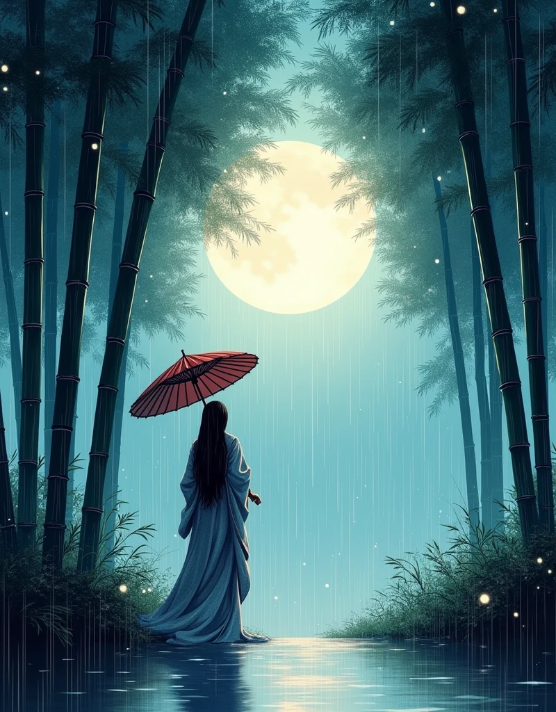 dynamic ink painting of a bamboo grove of japan, great art, great sense of depth, ground level shot, the most beautiful bamboo grove in the world, bamboo leaves shining through rainwater, moon\(pale blue\) with a light overcast, beautiful woman\(ancient Japanese noble, beautiful kimono, beautiful long black hair\) looking up at the moon holding an umbrella,raining softly, fireflies flying around, bamboo leaves are placed three-dimensionally in the foreground, long distance shot,limited color