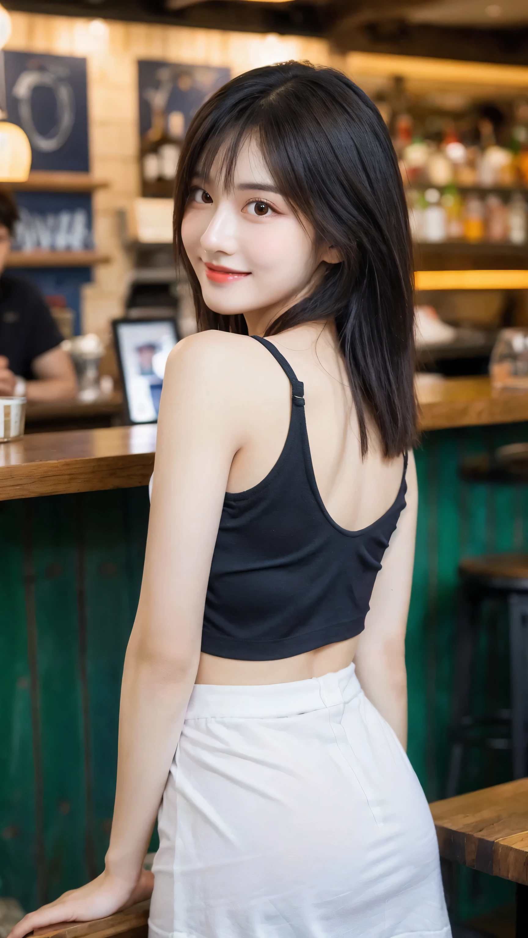 (8k, RAW Photo, Best Quality, Masterpiece:1.2), table top, Ultra Detail, Super Resolution, (Realistic, Realistic Photo:1.37), Portrait, High Detail RAW Color Photo, Professional Photo, Extremely Detailed and Beautiful, Extremely detailed, 8k wallpaper, amazing and detailed, huge file size, official art, highly detailed CG unity 8k wallpaper, highly detailed beautiful girl, highly detailed face, highly detailed eyes, highly detailed skin, highly detailed fingers, highly detailed nose, very detailed detailed mouth , perfect anatomy, highly detailed background, highly detailed clothes, 1girl, ,cute girl, realistic body, fair skin, glowing skin , slim body, handsome body, black hair , Semilong hair, (blunt bangs:1.2), smile, cute, youthful, cute face, realistic face, delicate eyes, drooping eyes, looking at viewer, (from behind), standing posture, Contraposto, dynamic lighting, (medium breasts), (Perfect Body Proportions), (slender Body Proportions), (tank top), (mini skirt), (Inside the pub),