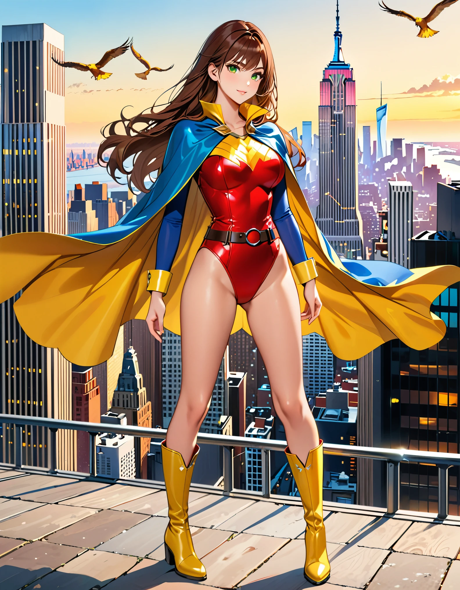 (masterpiece), (best quality), (high res), 1lady, tall body, highly detailed, professional, beautiful detailed eyes, beautiful detailed face, perfect hands, complete fingers, perfect anatomy, perfect proportions, ((brown hair, medium hair, hair down)), ((green eyes)), ((leotard, (red leotard), matching leotard)), (bare legs), (boots, matching boots, knee-high boots, yellow boots), breasts, medium breasts, (full body portrait), looking at viewer, solo, solo focus, standing, one hand on hip, cowboy shot, new york backdrop, ((tight belt:1.5)), (blue sleeves, yellow cuffs), (yellow (hawk/(symbol/)) on chest:1.2), (((medium cape, blue cape))), full body costume design.