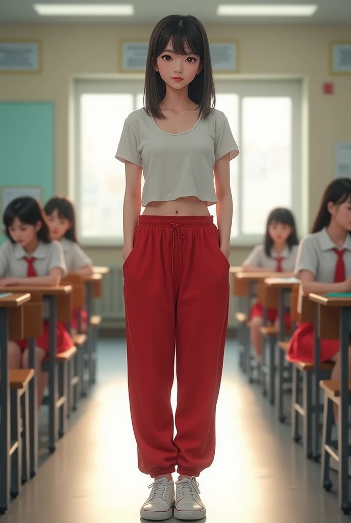 1 girls Korea, Sweatpants red, school, white shoes, boobs, breast, naked