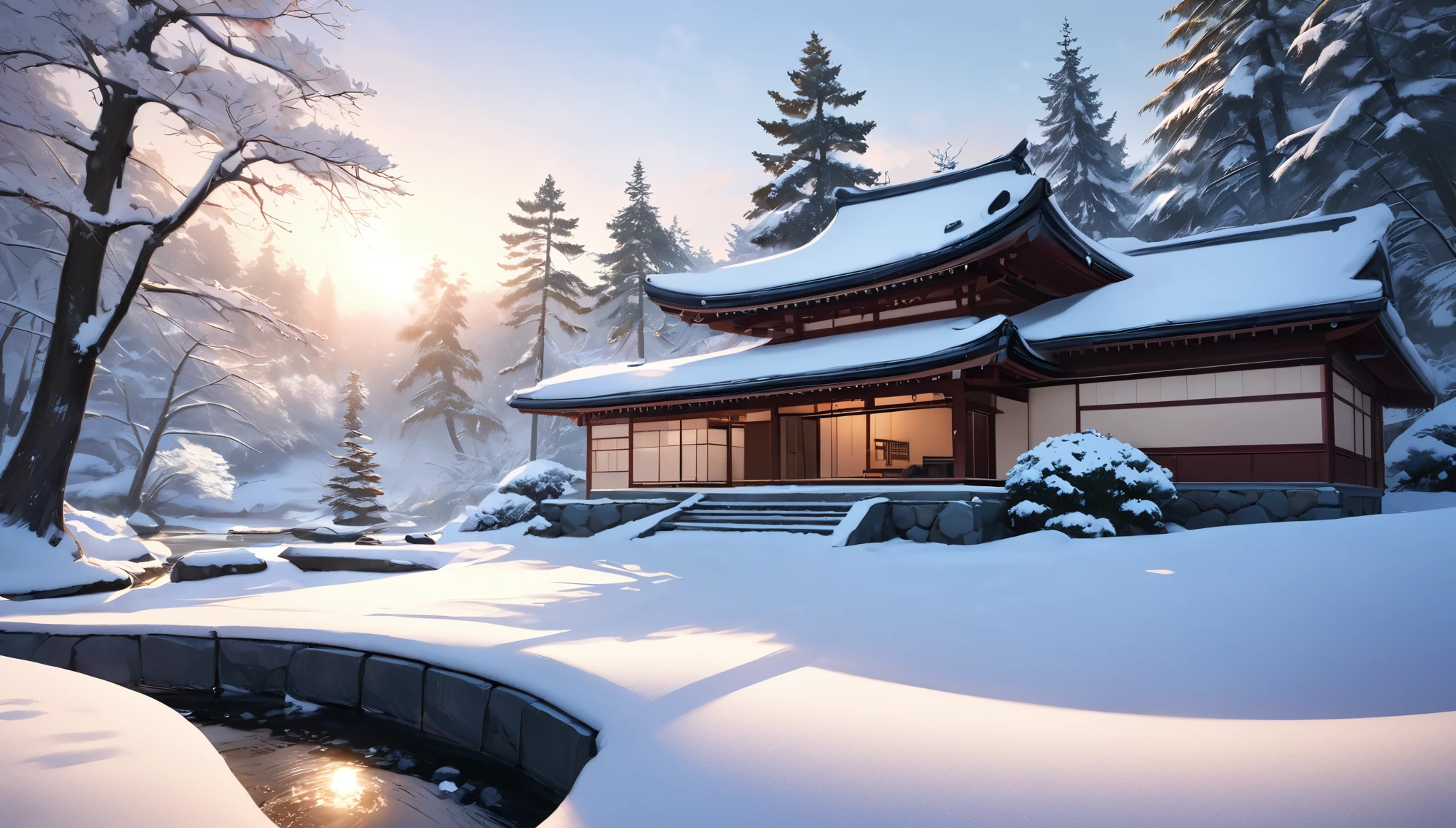 Quiet morning, Snow Scene, Japanese garden, Morning Glow, Fluttering powdery snow, Ultra-wide-angle lens, Wabisabi, Accumulated snow, White scenery, A world without color, フォトRealistic:1.2, Realistic, Inorganic, high quality, high resolution, masterpiece:1.2
