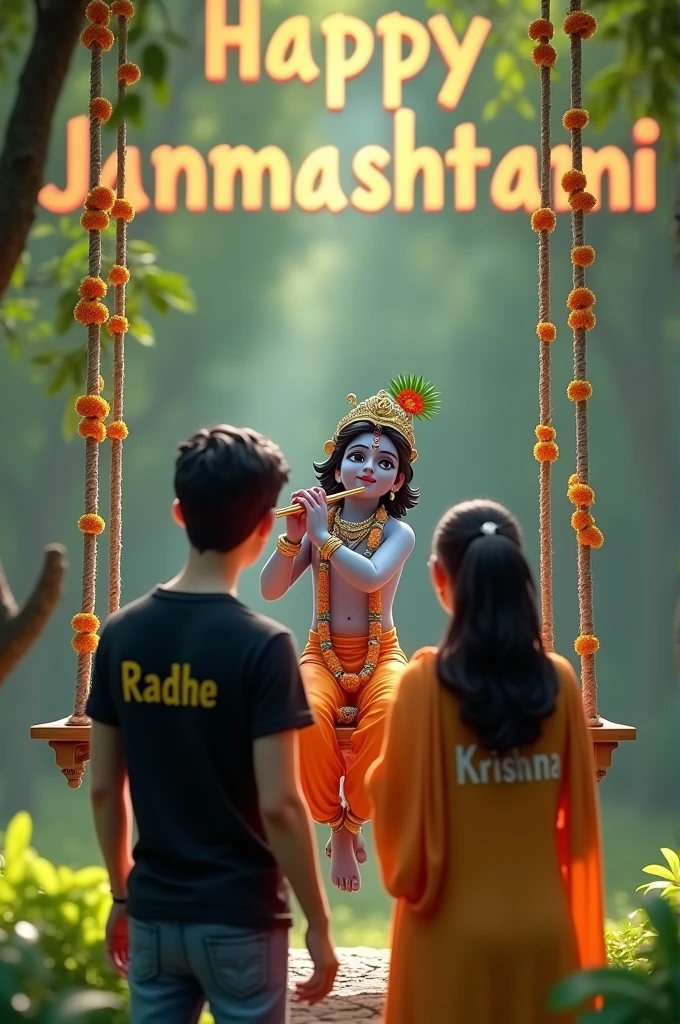 create a 3D realistic picture “1 couple is worshiping Shree Krishna and Shree krishna is sitting on a swing and playing flute and Boy “Radhe” is written on the boy’s black t-shirts and "Krishna” is written on girls’s tshirt the cou- ple is worshiping and in the back- ground “Happy Janmashtami” is written in bold font clearly, make sure everything should be correct